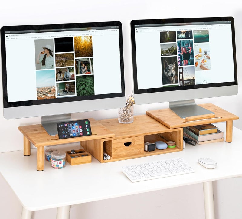 ROCDEER Dual Monitor Stand Riser with Drawer for Desk Laptop Desk Shelf with Adjustable Length and Angle, Bamboo Computer Stand Riser for 2 or 3 Monitors Screen Laptop PC TV -Natural - Image 2